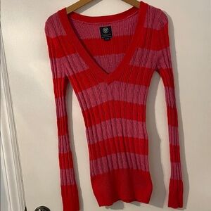 American Eagle Outfitters Red & Pink Striped Ribbed V-Neck Sweater